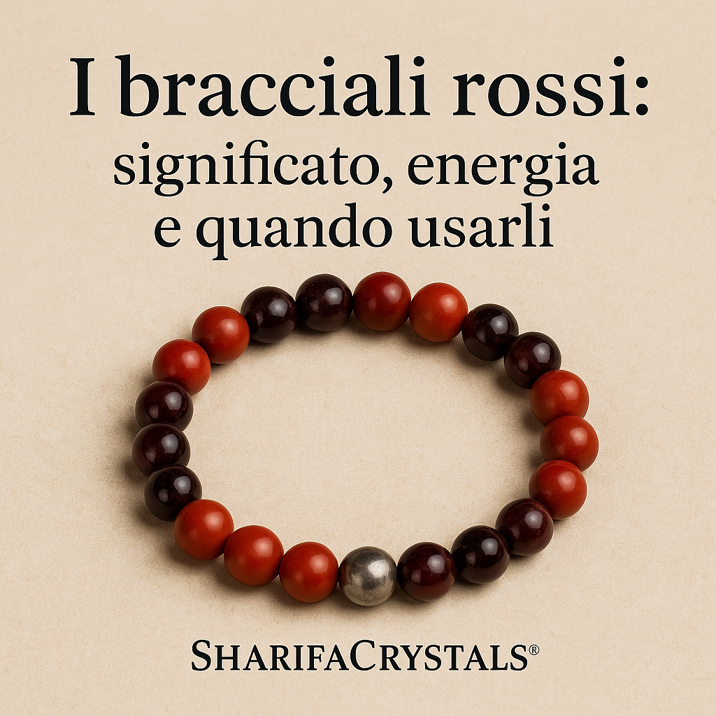 Bracciale rosso in diaspro rosso e granato SharifaCrystals®, immagine quadrata con testo ‘I bracciali rossi: significato, energia e quando usarli’, ideale per articolo su significato ed energia dei bracciali rossi