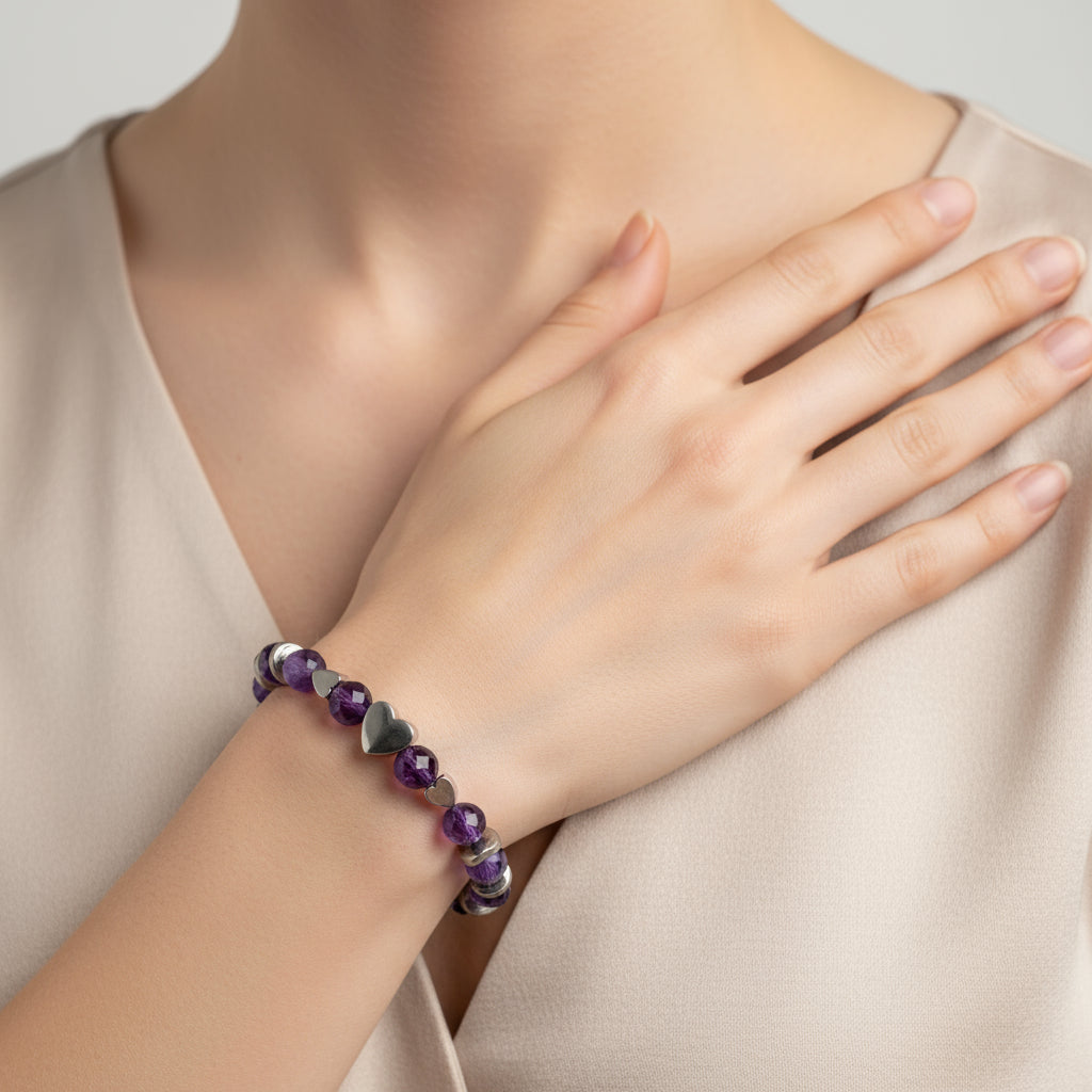 Bracciale Ametista Sfaccettata Bi-Misura con Cuori in Ematite Sharifa Crystals