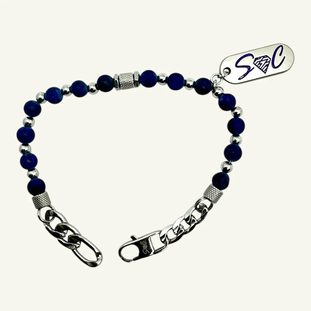 Bracciale lapislazzuli artigianale con catena in acciaio chirurgico