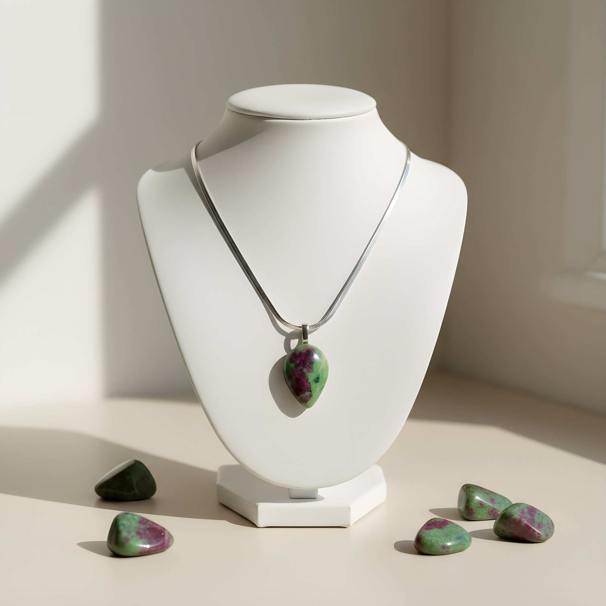 Ciondolo Ruby Zoisite 32×22 mm vista ravvicinata venature verde-rossa